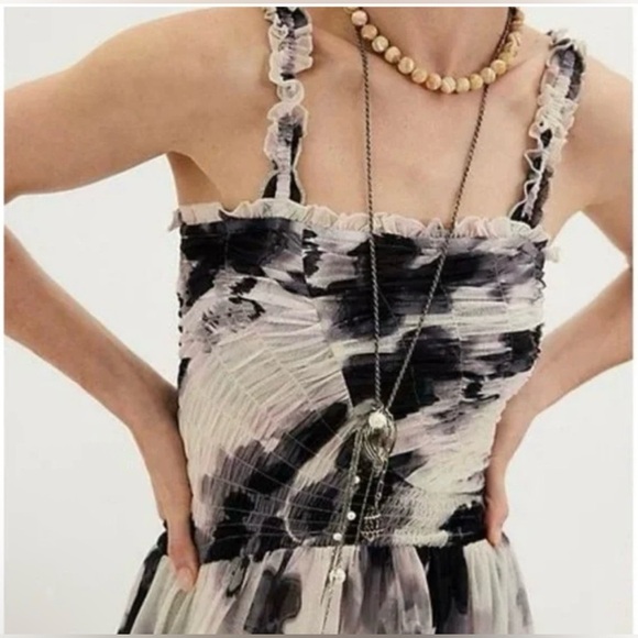 Free People Tesa Smocked Mesh Midi Dress Ivory Combo S NWT - Picture 2 of 10